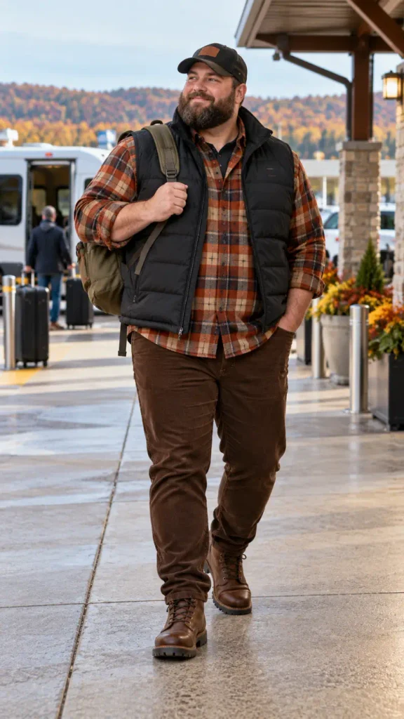 Black Quilted Vest Over Autumn Plaid Flannel