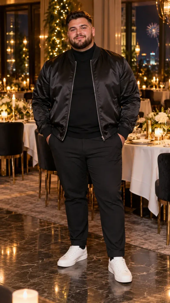 Black Satin Bomber and Crisp White Sneakers