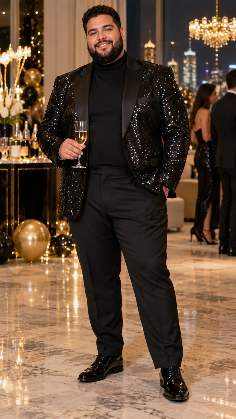 Black Sequin Blazer, Turtleneck, Dress Trousers, and Patent Leather Dress Shoes