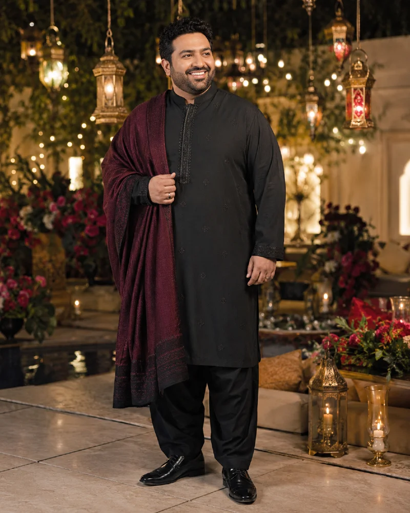 Black Shalwar Kameez with Deep Maroon Shawl