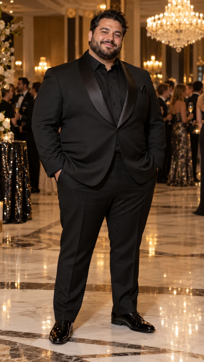 Black Shawl Lapel Tuxedo Jacket, Button-Down Shirt, Pocket Square, Dress Trousers, and Patent Leather Dress Shoes