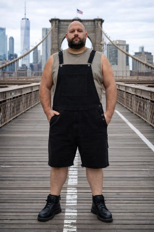 Black Short Overalls and Olive Sleeveless Shirt