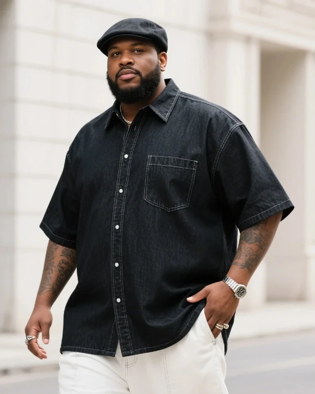 Black Short-Sleeve Denim Shirt and White Trousers