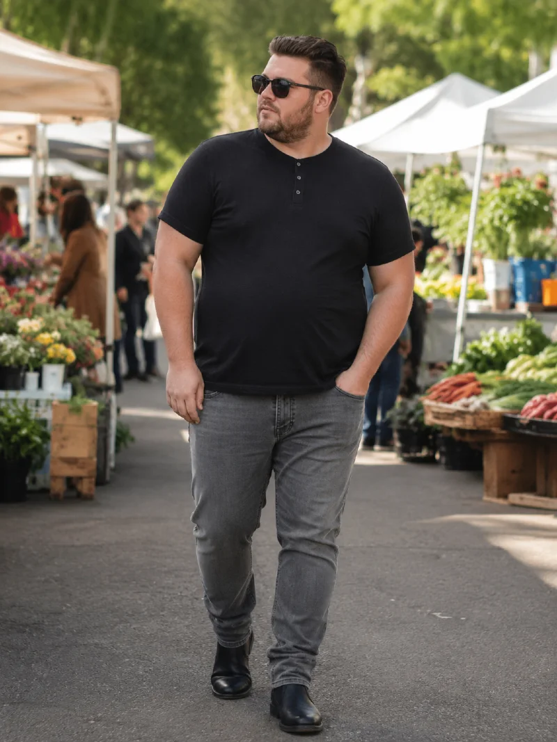 Black Short-Sleeve Henley and Grey Jeans