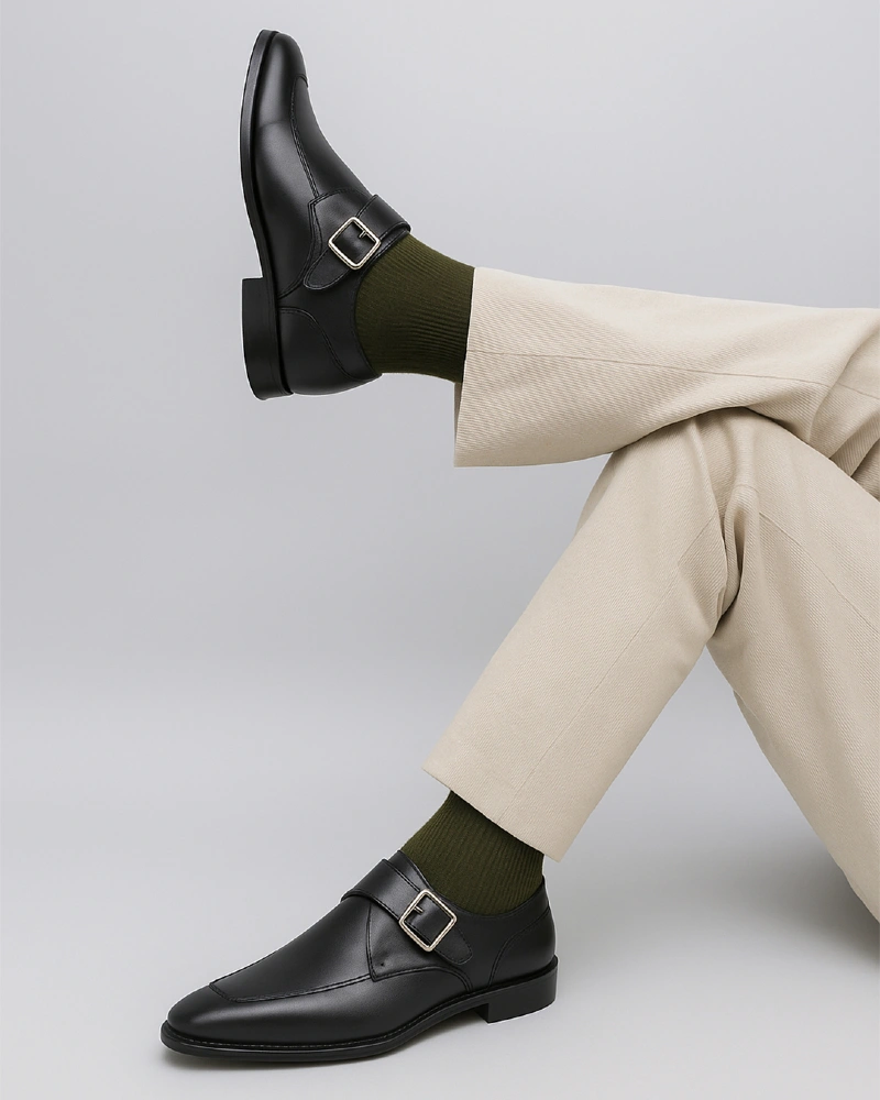 Black Single Monk Strap Shoes with Beige Trousers