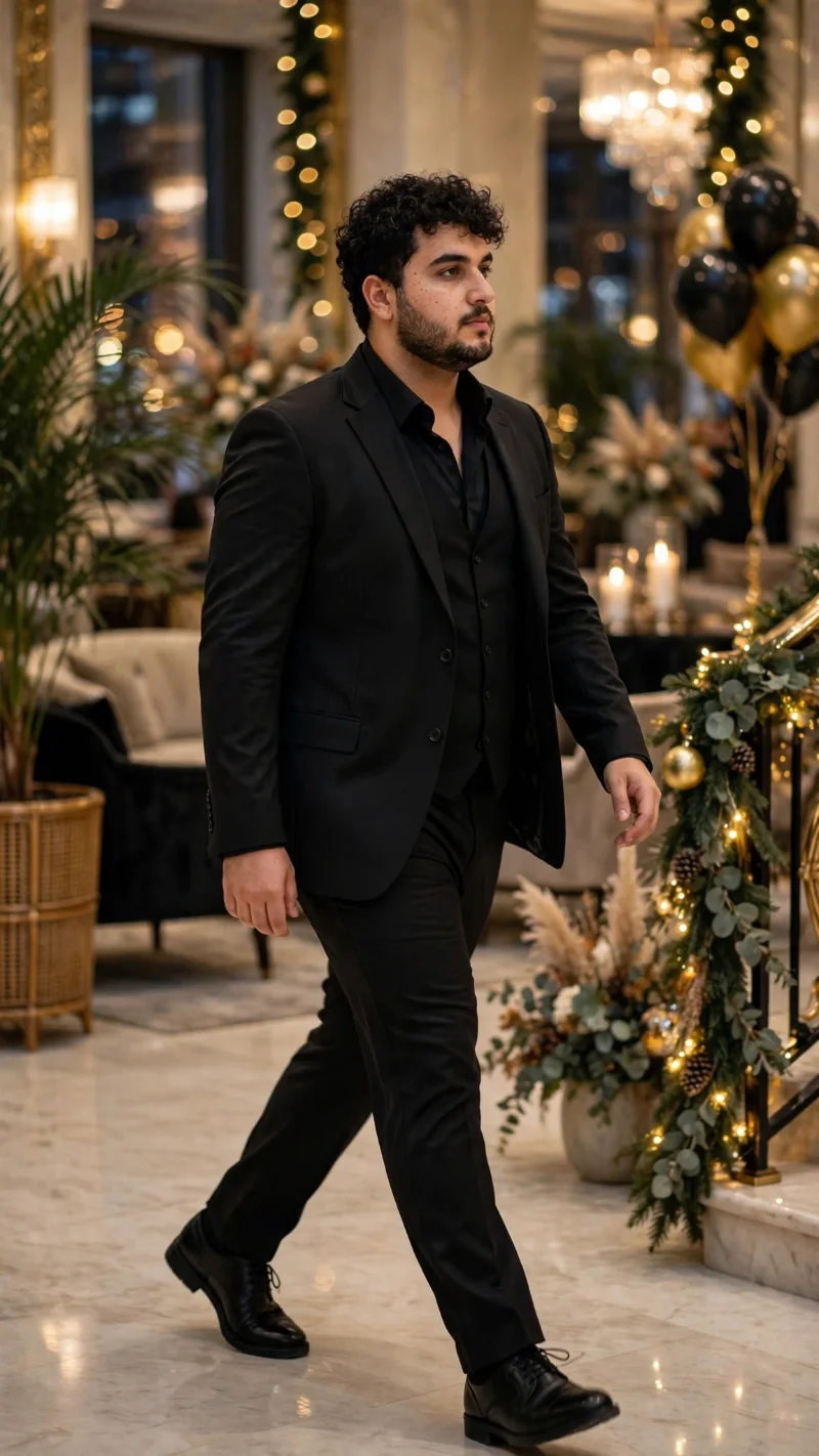 Black Suit Jacket, Button-Down Shirt, Suit Trousers, and Leather Derby Shoes