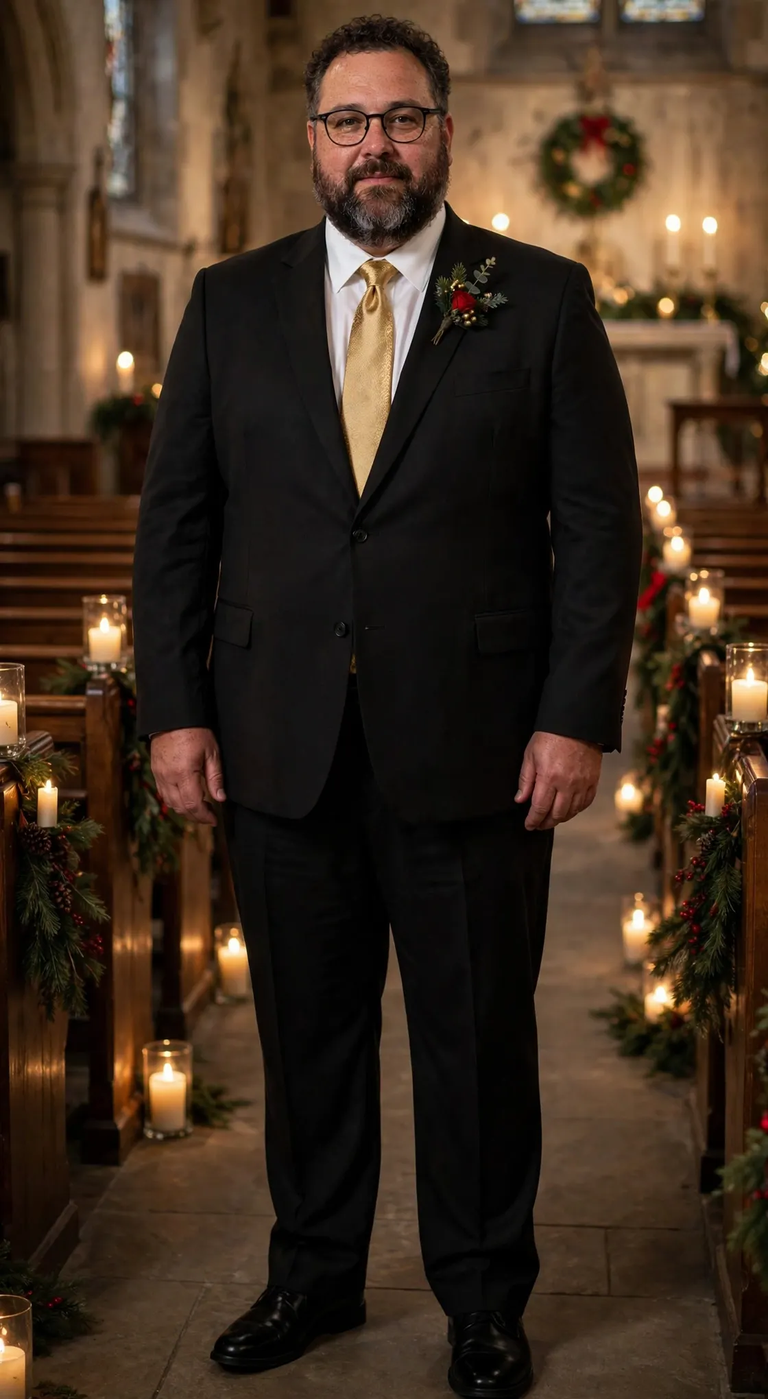 Black Suit with White Dress Shirt, Gold Satin Tie, Christmas Boutonnière, and Black Dress Shoes