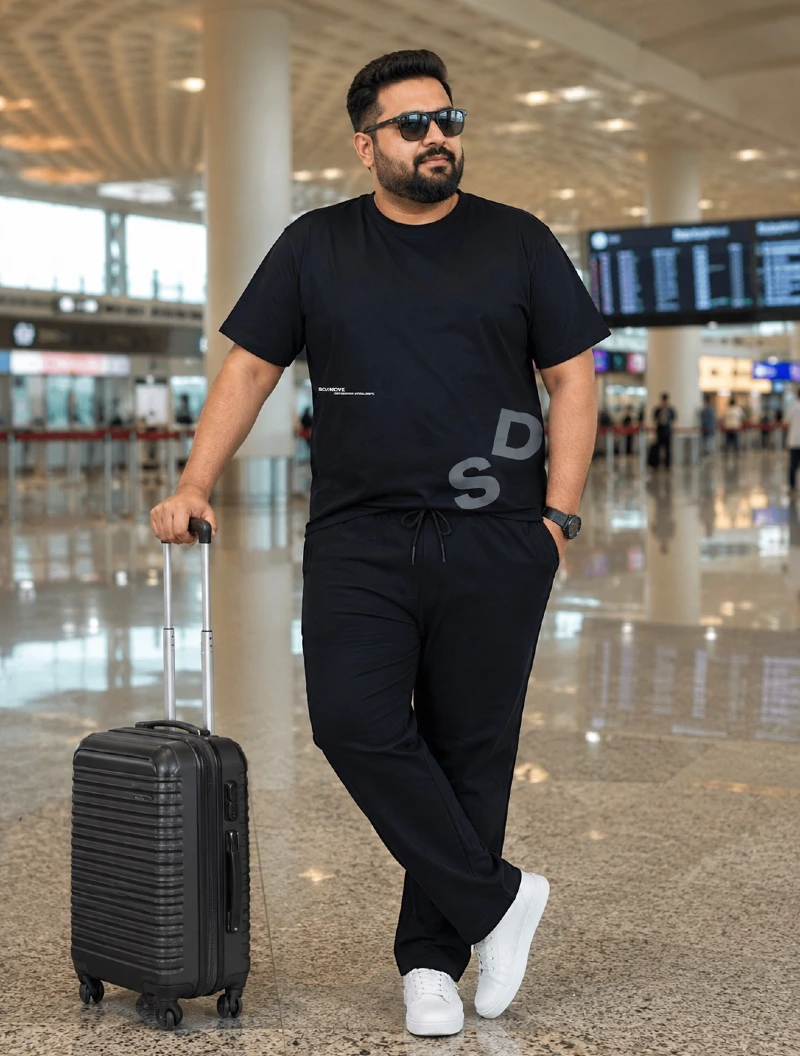 Black T-Shirt, Black Drawstring Pants, White Sneakers