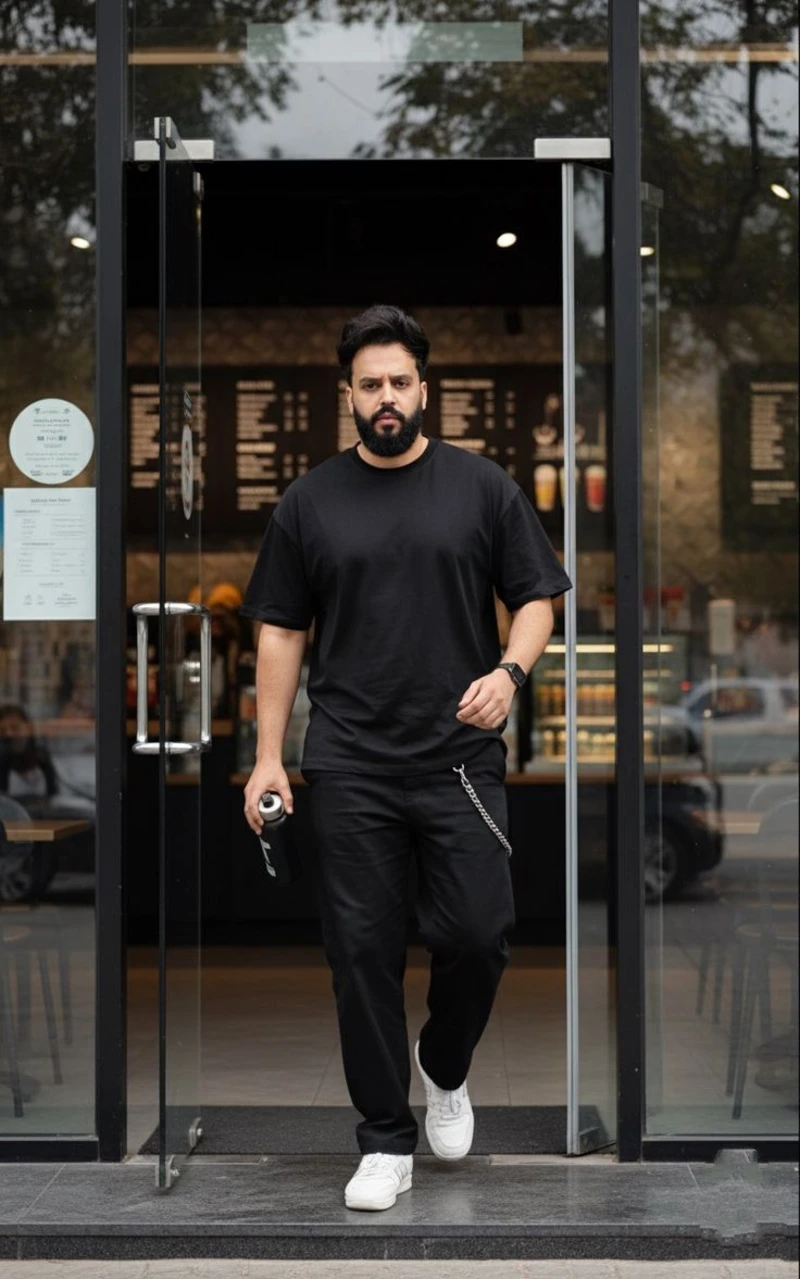Black T-Shirt With Black Pants and White Sneakers