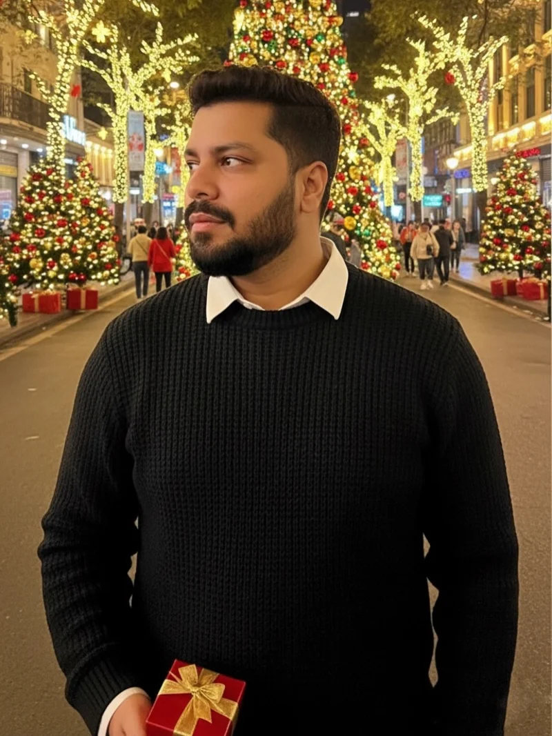Black Textured Crewneck with White Collar