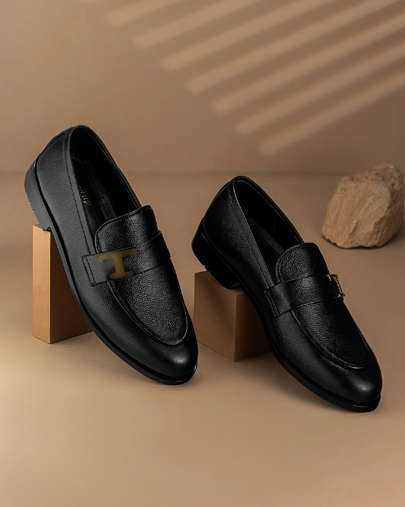 Black Textured Slip-On Loafers