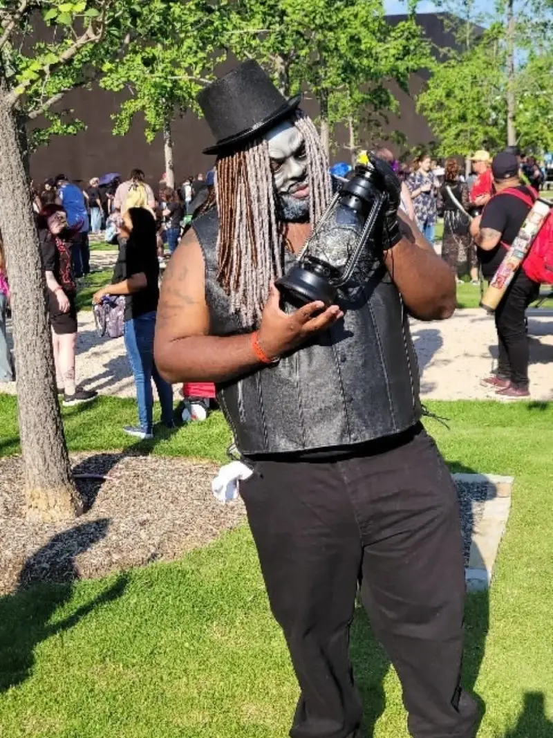 Black Top Hat, Creepy Gray Mask, Long Braided