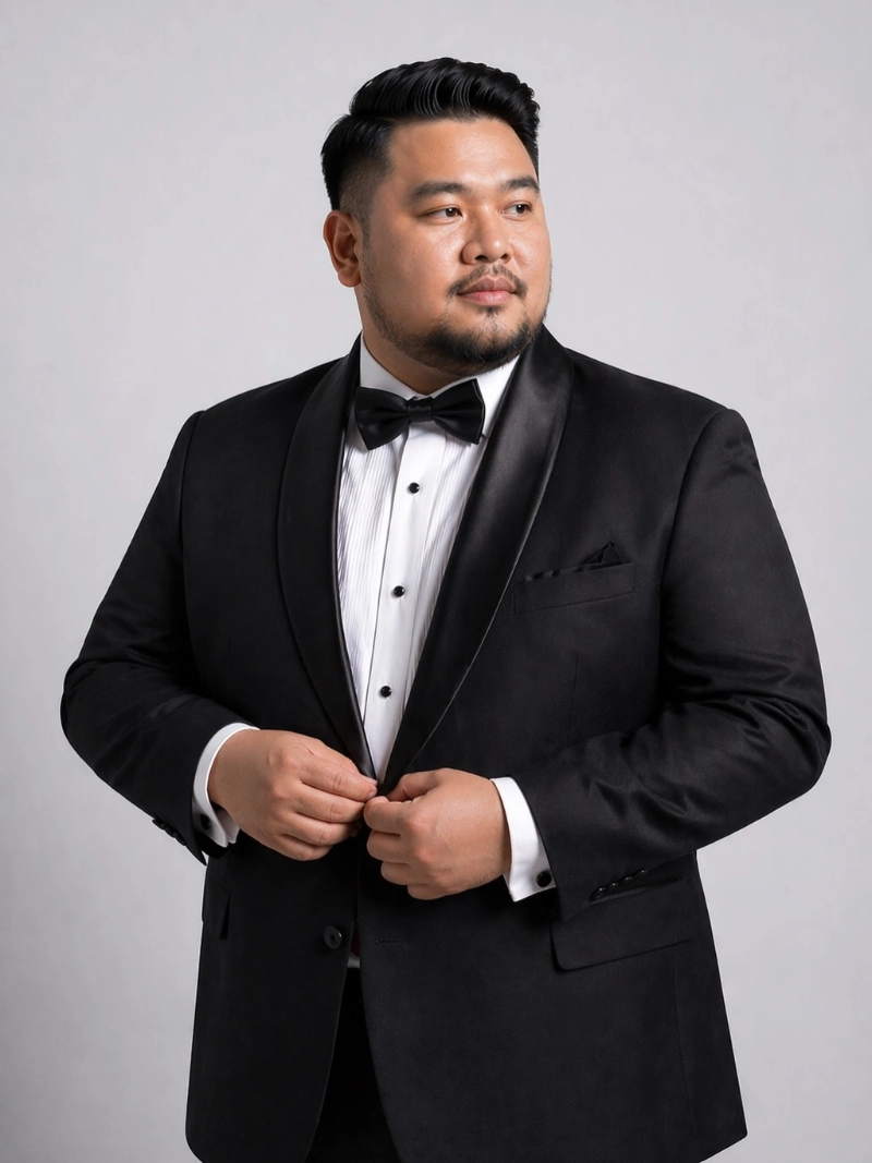 Black Tuxedo Blazer, Pleated Shirt, and Bowtie