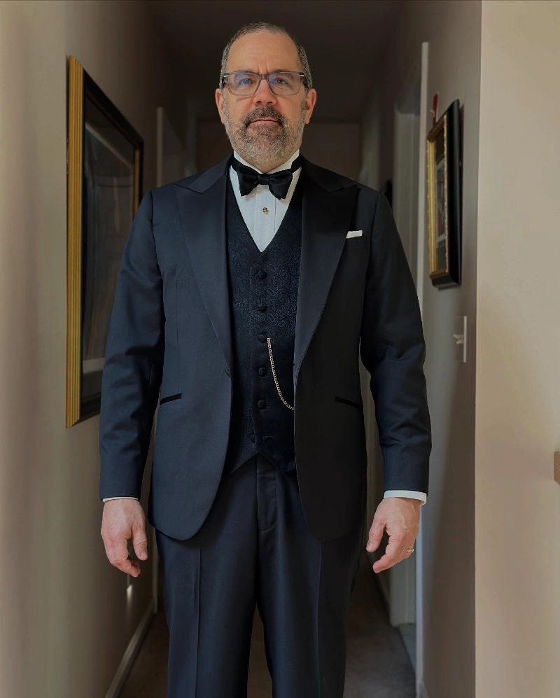 Black Tuxedo Jacket, Patterned Waistcoat