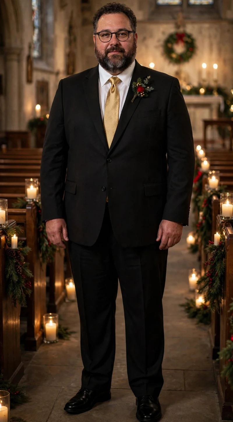 Black Two-Piece Suit with White Dress Shirt, Gold Satin Tie, Christmas Boutonnière, and Black Dress Shoes