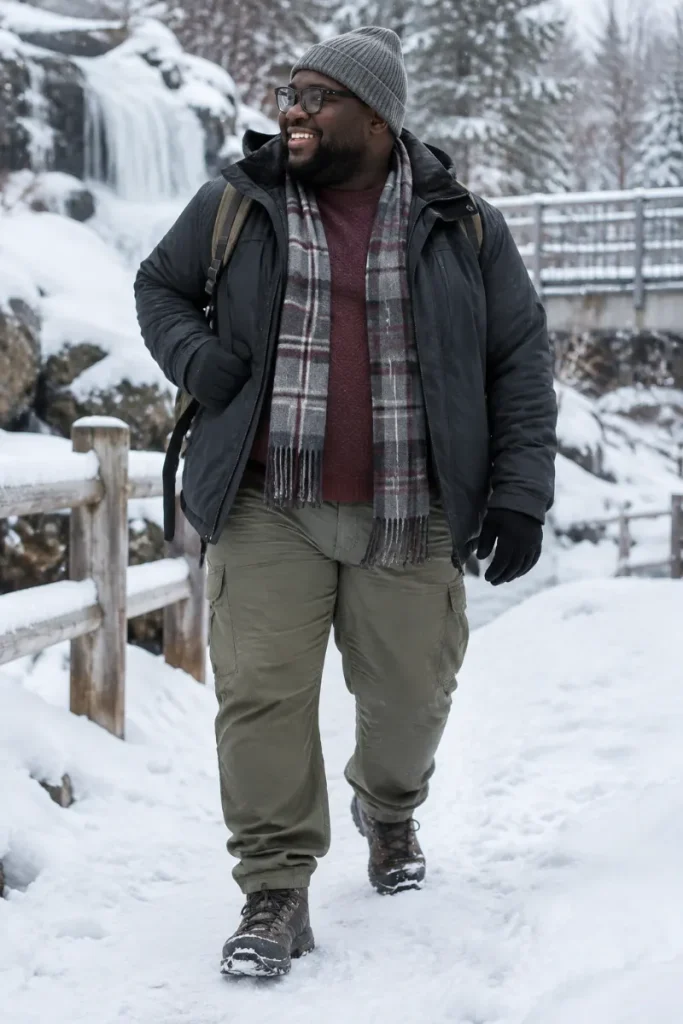 Black Utility Jacket and Olive Cargos