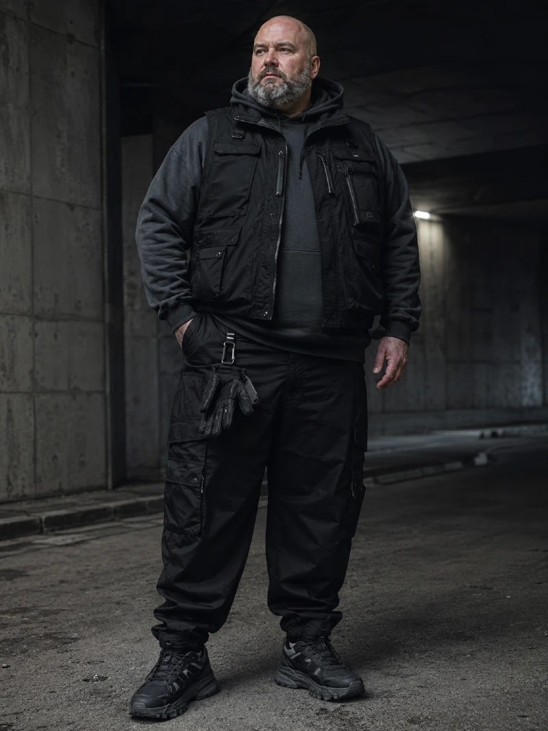 Black Utility Vest and Pullover Hoodie with Tactical Cargo Pants