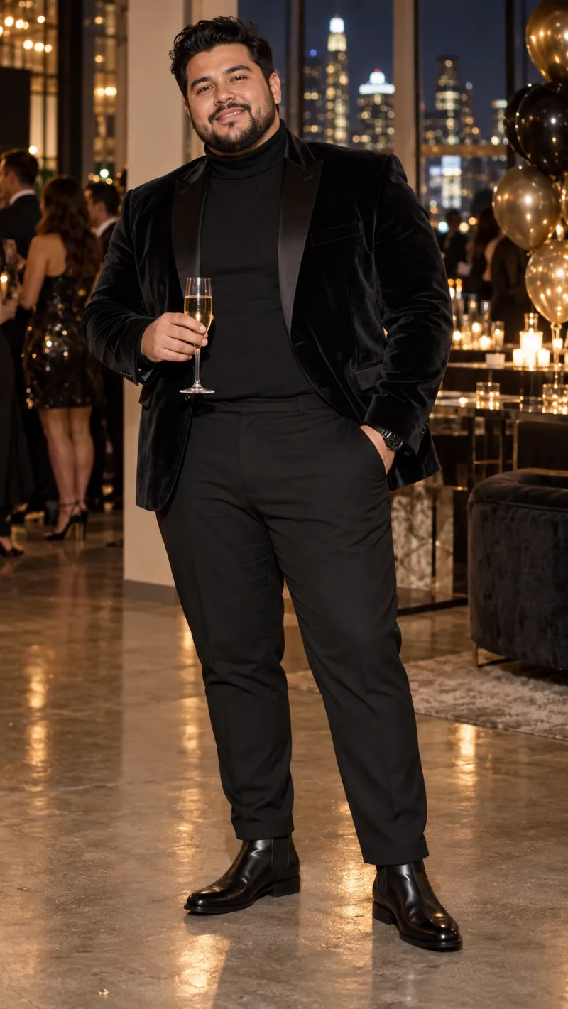 Black Velvet Blazer, Turtleneck, Dress Trousers, and Leather Chelsea Boots