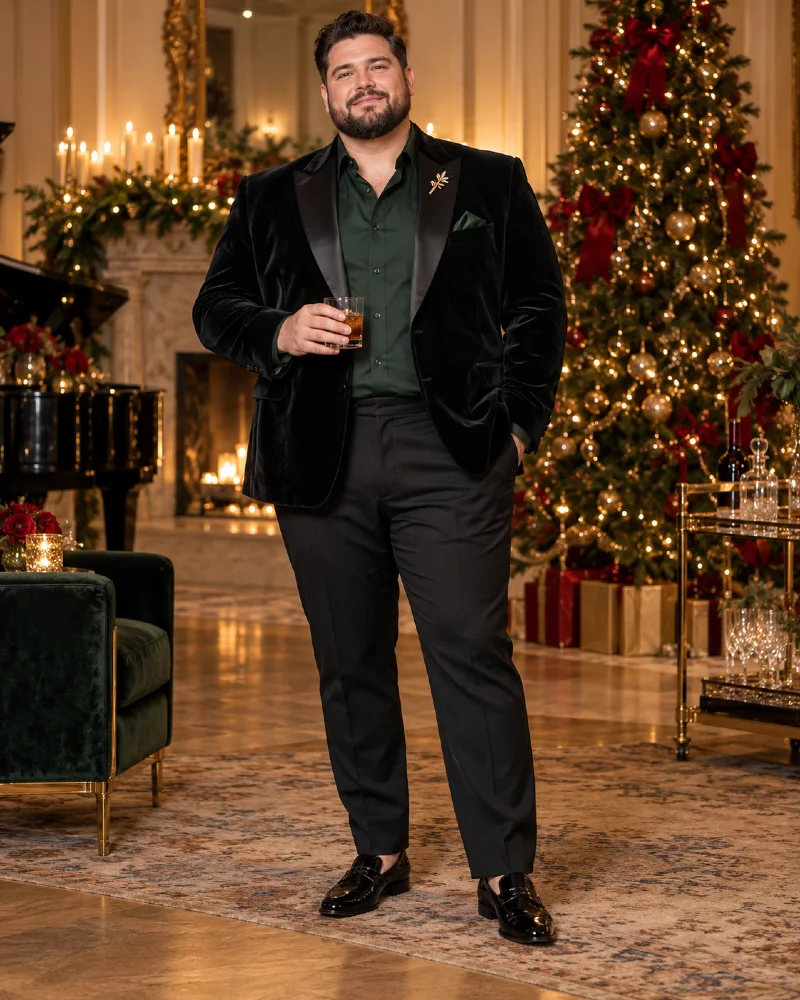 Black Velvet Blazer With a Dark Green Dress Shirt