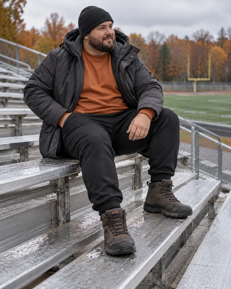 Black Winter Jacket and Rust Sweater for Rainy Bleacher Weather
