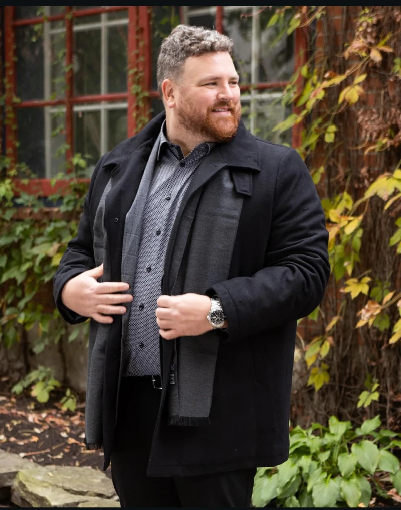 Black Wool Coat With a Gray Scarf and Patterned Shirt