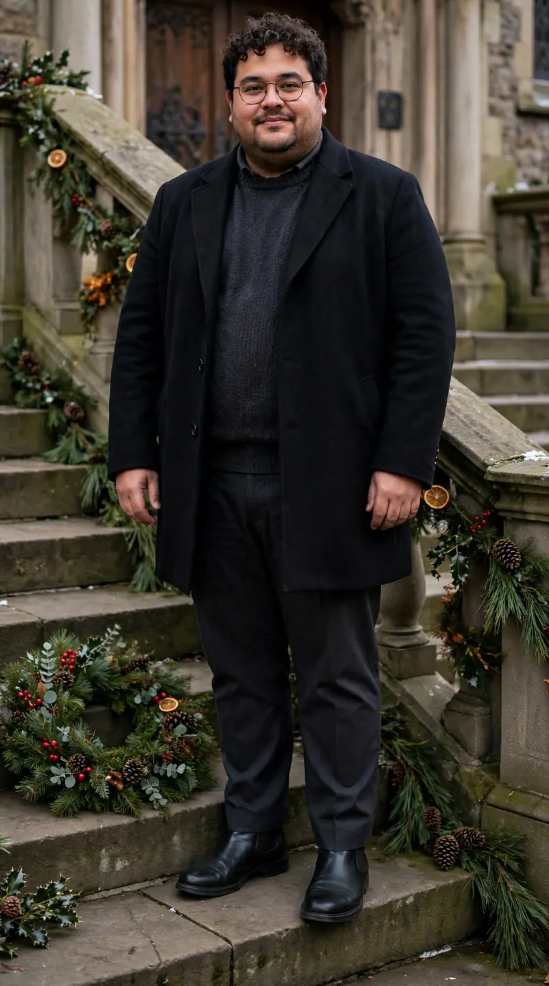 Black Wool Overcoat with Charcoal Crewneck Sweater, Dark Grey Trousers, and Black Chelsea Boots