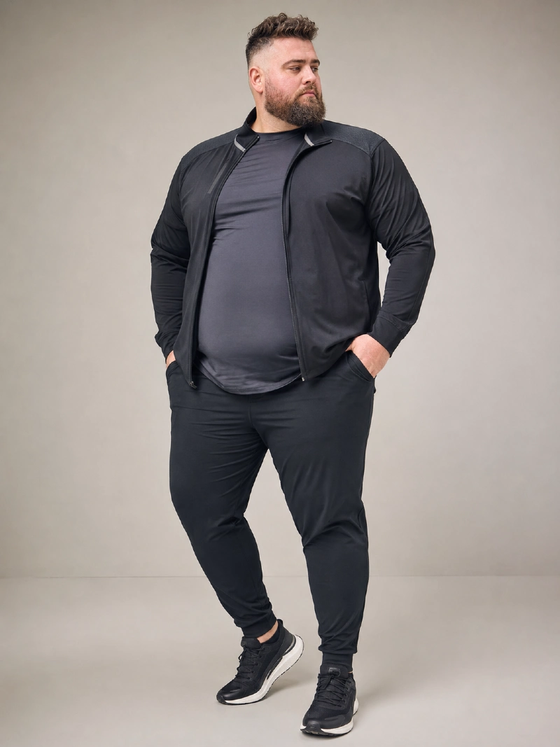 Black Zip-Up Track Jacket, Charcoal Athletic T-Shirt, and Black Track Joggers