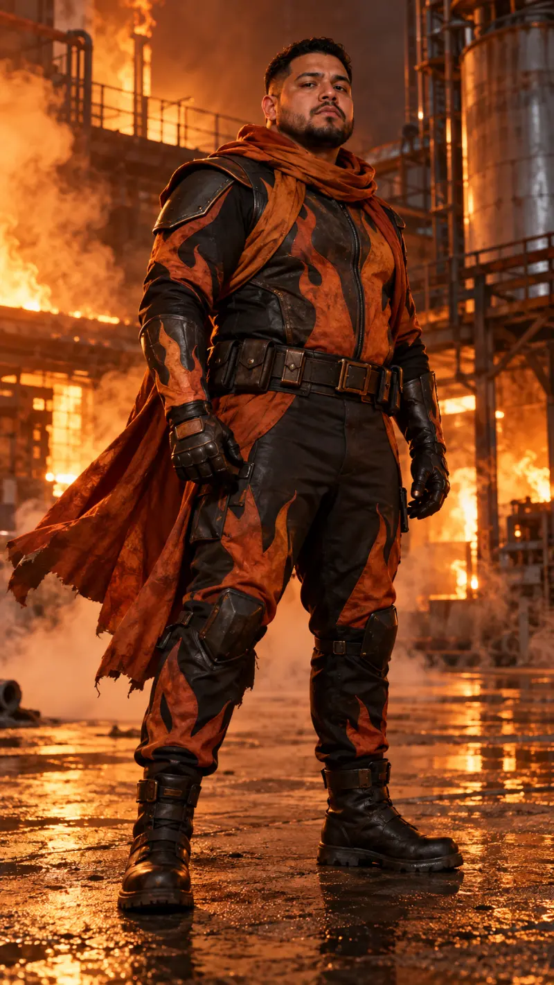 Black-and-Burnt Orange Flame Suit, Utility Belt & Combat Boots
