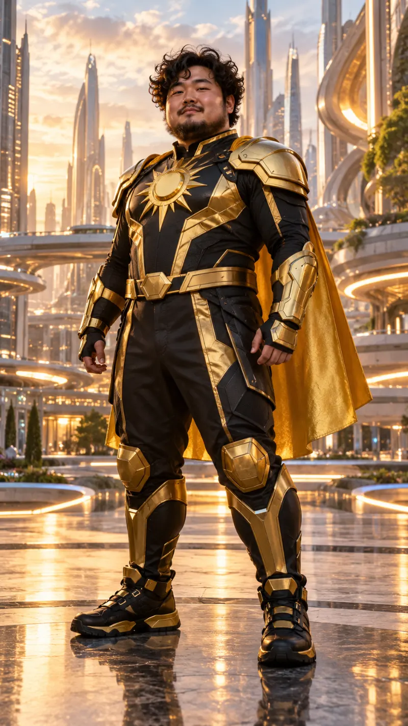 Black-and-Gold Sun Armor, Gold Cape & Combat Boots