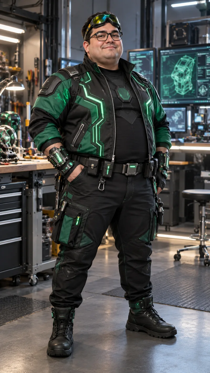 Black-and-Green Tech Jacket, Cargo Pants & Combat Boots