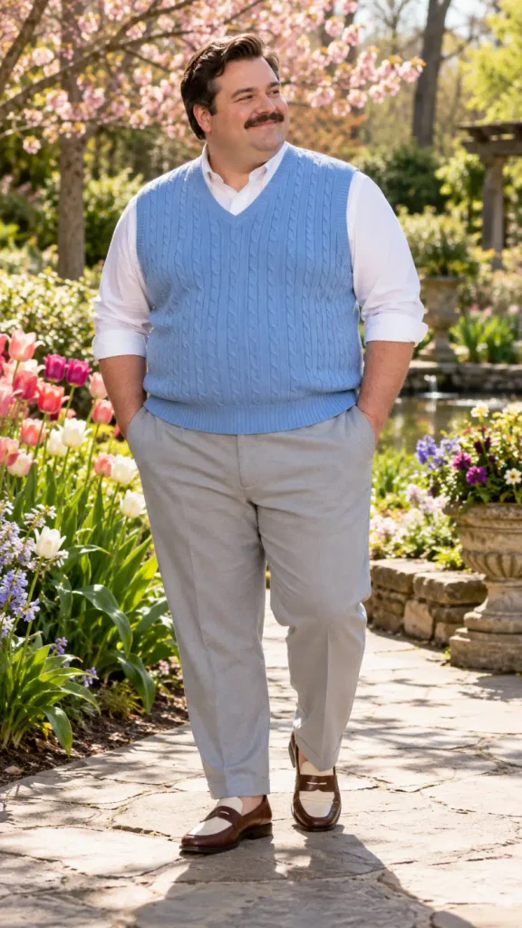 Blue Cable Knit Vest Over Crisp White Cotton