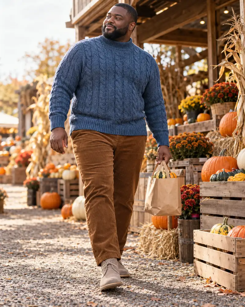 Blue Cable Knit and Rust Corduroy