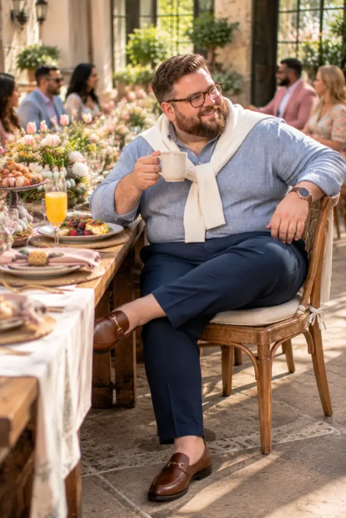 Blue Chambray Shirt and Draped Cream Sweater