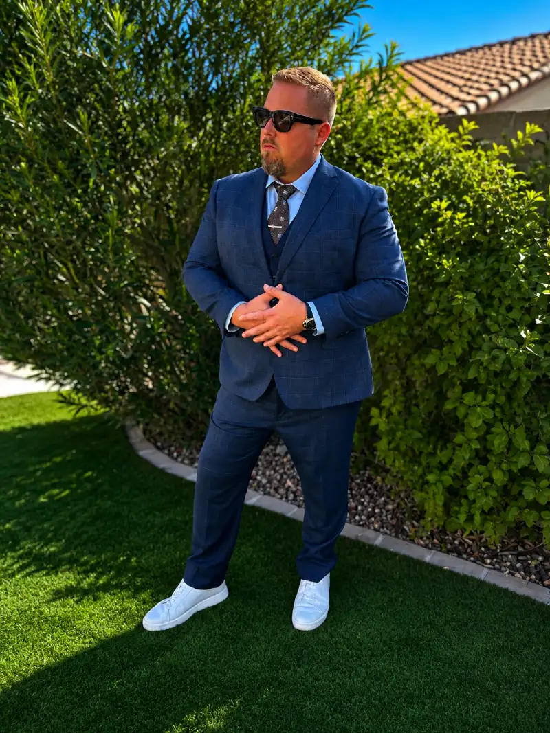 Blue Check Suit with White Sneakers