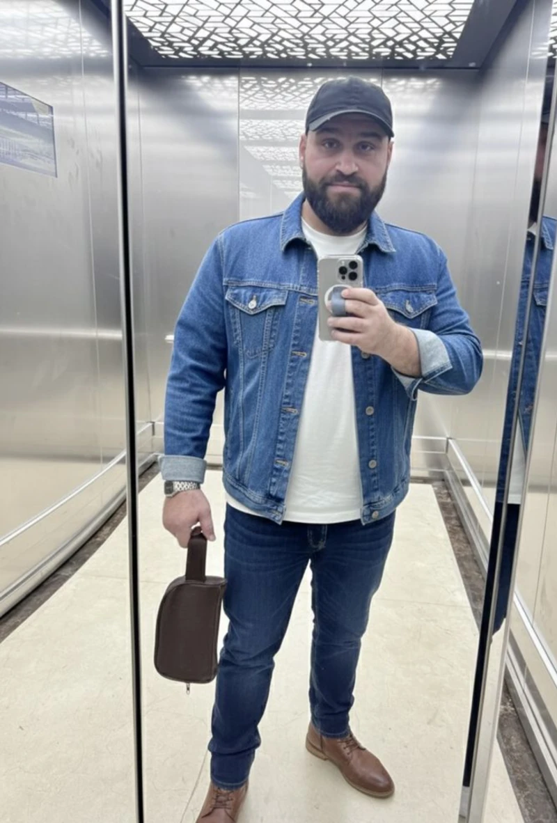 Blue Denim Jacket, White T-Shirt, Dark Blue Jeans, and Black Baseball Cap