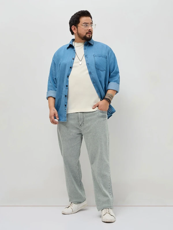 Blue Denim Shirt, Cream T-Shirt, and Grey Jeans