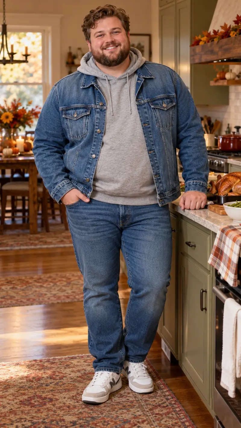 Blue Denim Trucker Jacket, Grey Pullover Hoodie, Medium Wash Jeans, and White Sneakers