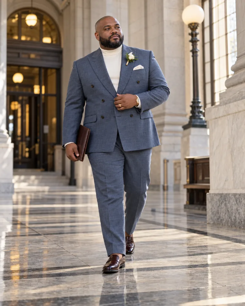 Blue Double Breasted Suit with White Turtleneck