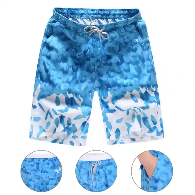 Blue Feather Pattern Swim Shorts