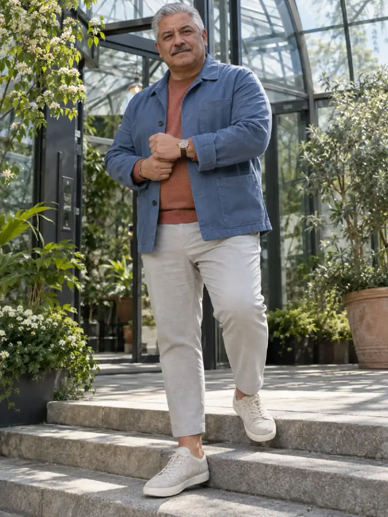 Blue Jacket And Rust Sweater Style For Spring Afternoons