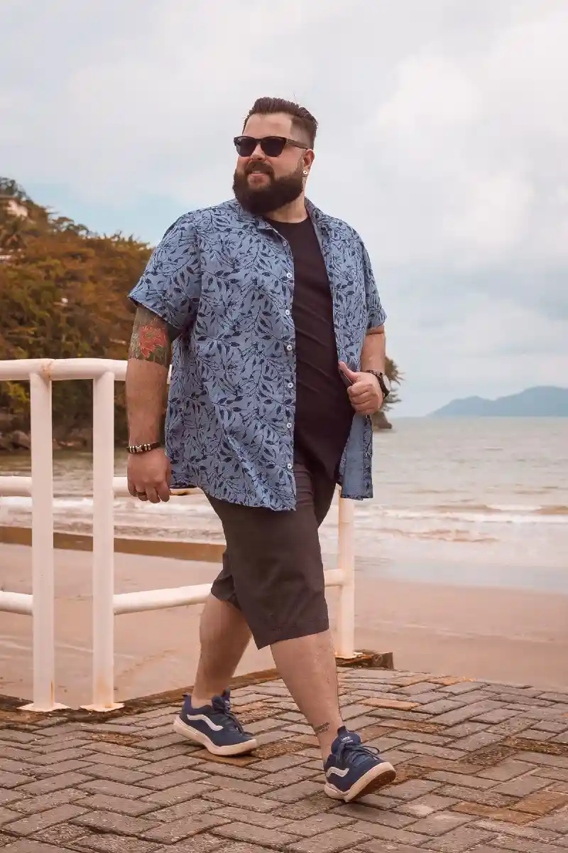 Blue Leaf-Print Short-Sleeve Shirt, Black Tee, and Dark Grey Shorts
