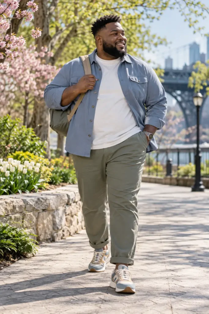 Blue Overshirt With Olive Chinos And Paneled Sneakers