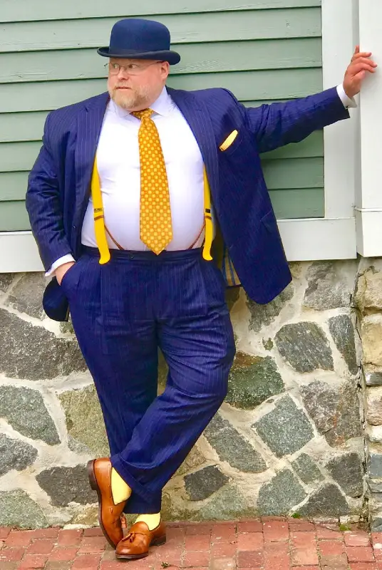 Blue Pinstripe Suit, Yellow Suspenders, and Bowler Hat