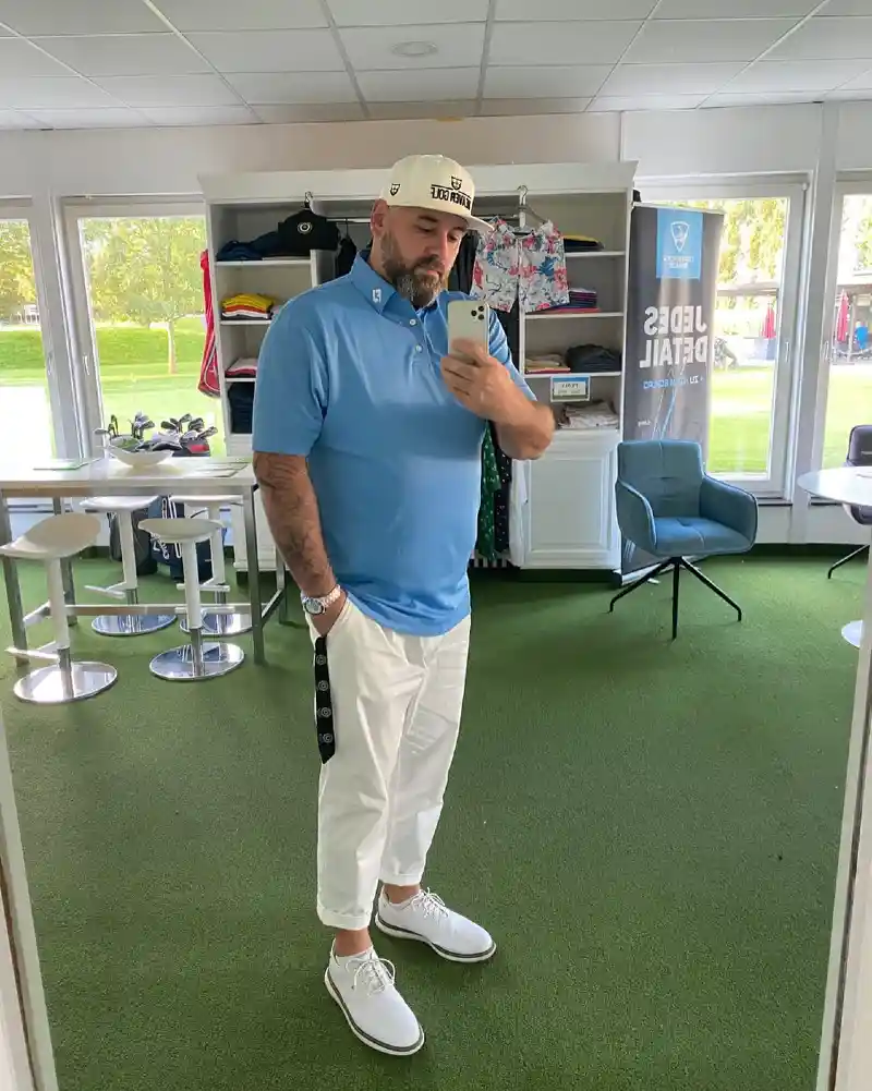 Blue Polo Shirt and White Pants