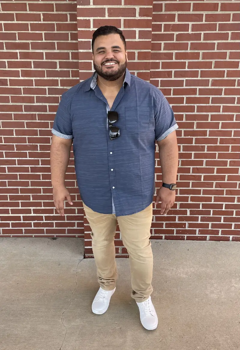 Blue Short Sleeve Button Down and Khaki Pants