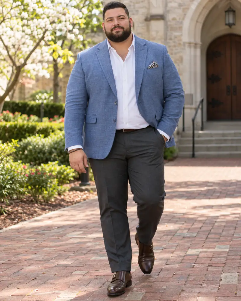Blue Textured Blazer And Charcoal Trousers