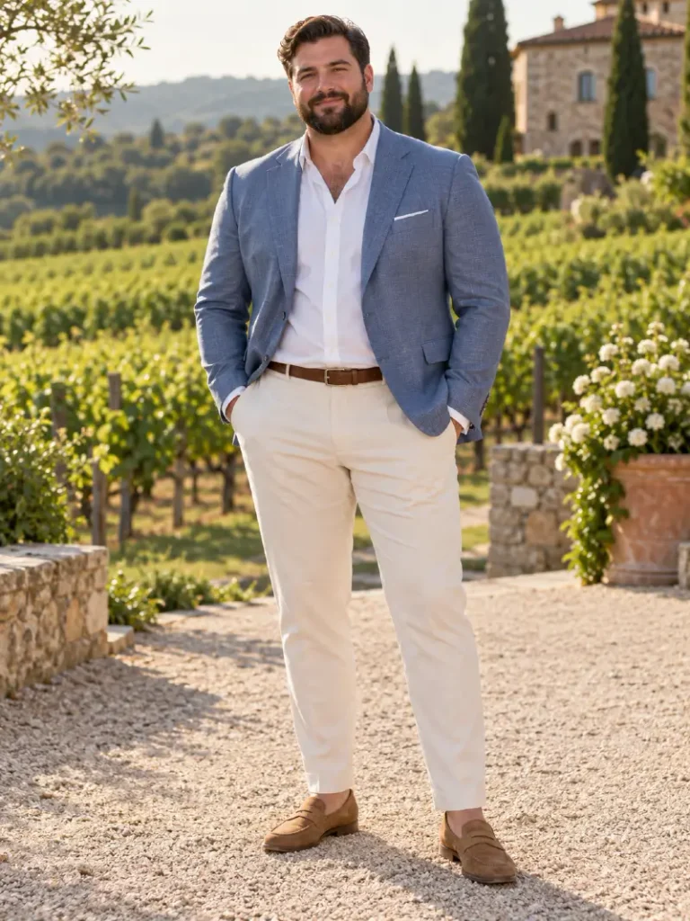 Blue Textured Blazer With Light Cream Trousers