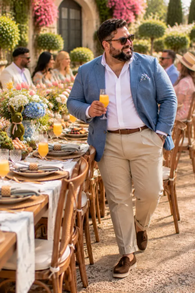 Blue Textured Blazer and Beige Trousers