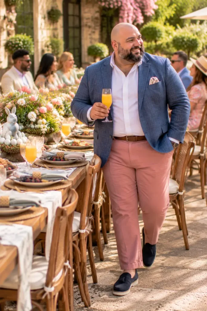Blue Textured Blazer and Salmon Trousers