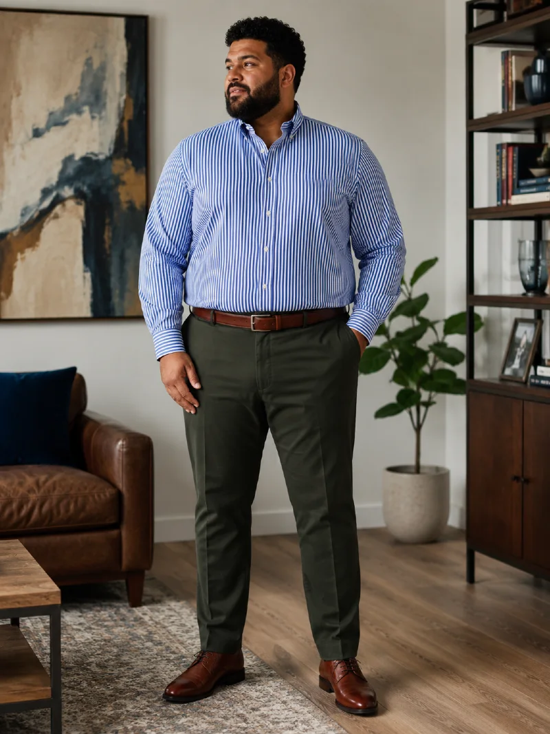 Blue and White Striped Dress Shirt with Olive Green Trousers